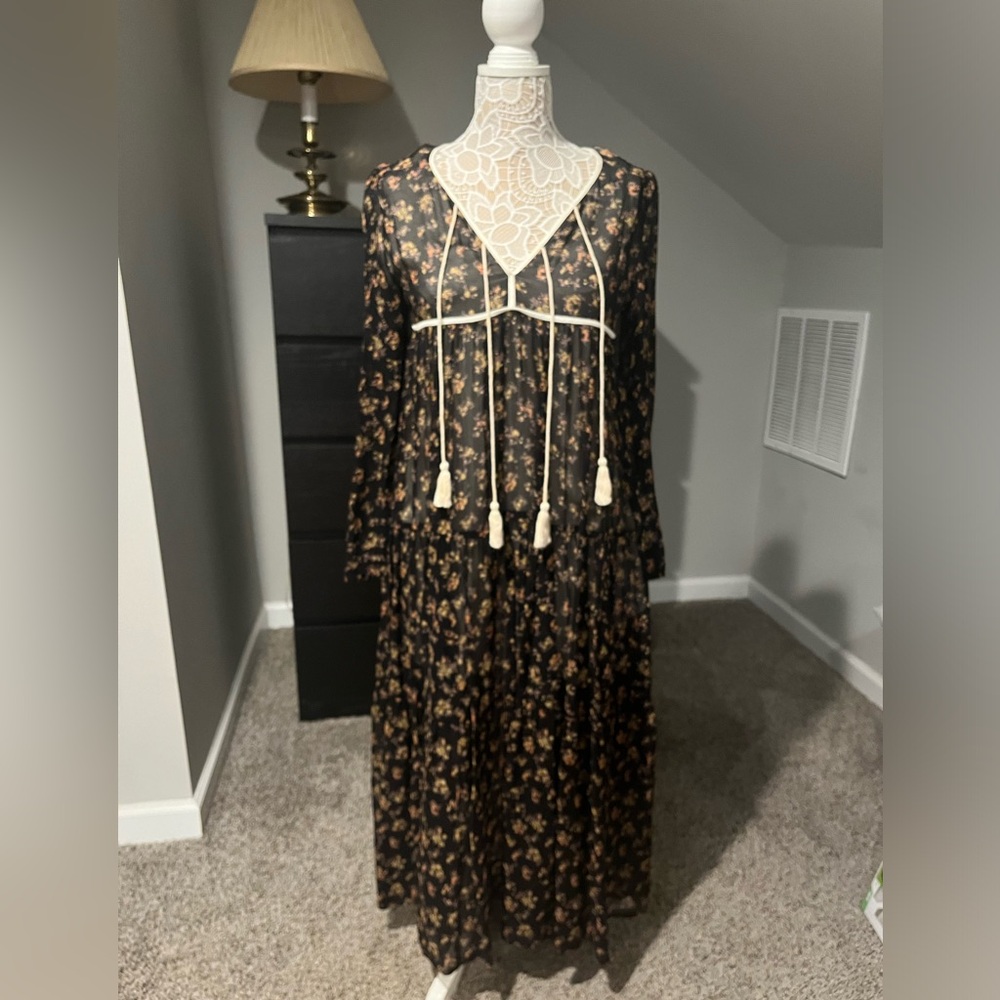 Christy Dawn Black Floral Long Sleeve Dress size S